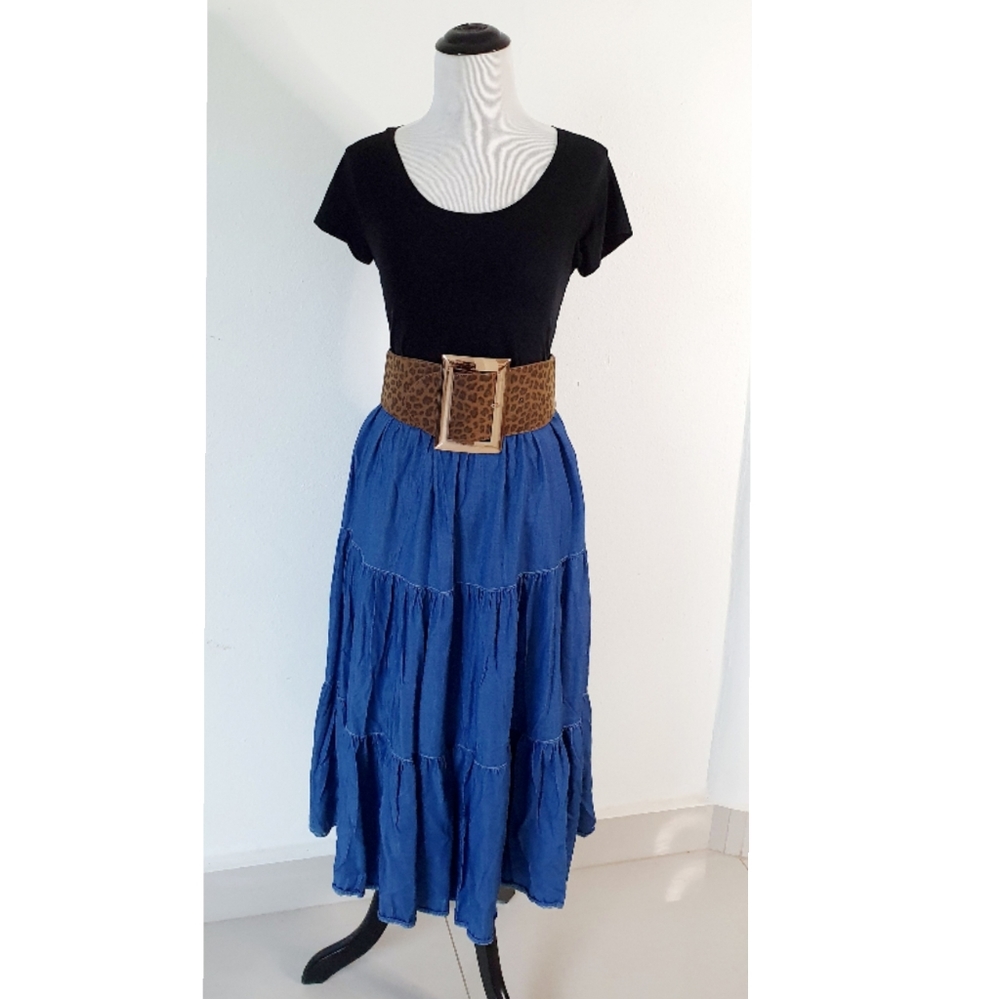 Tiered Chambray Medium Blue Midi Skirt - Picture 15 of 16
